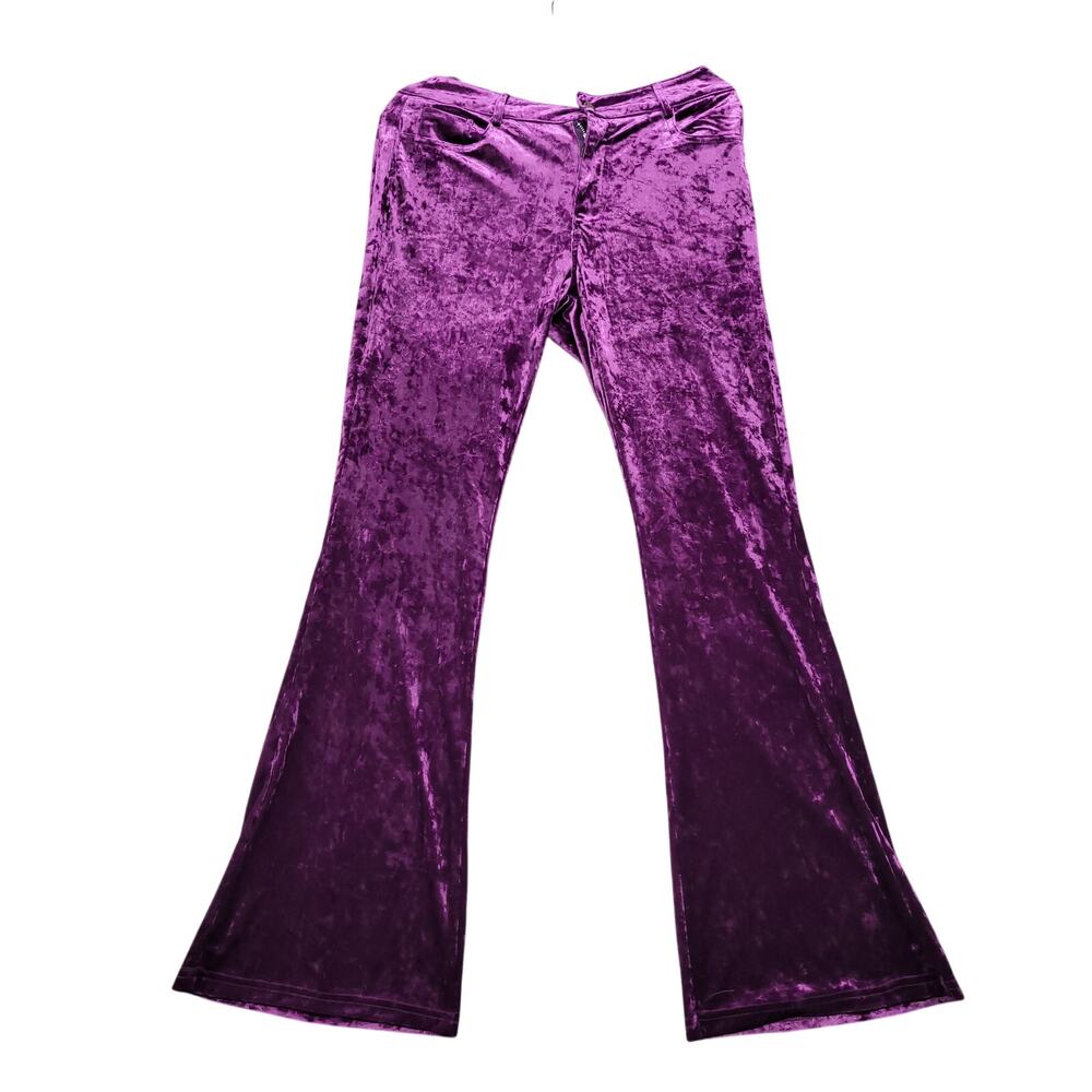 Vintage Pants Womens Medium Purple Crushed Velvet Flare Bell Bottom Y2K Stretch